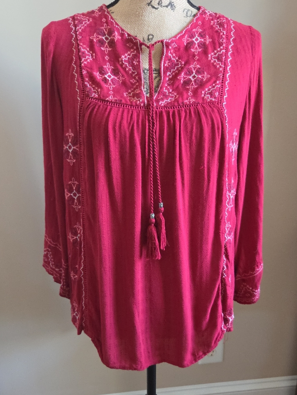 Knox Rose Garnet Red Embroidered Top With Tassel Tie